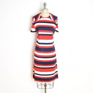vintage 60s dress red white navy striped pointy dagger collar mod mid century M